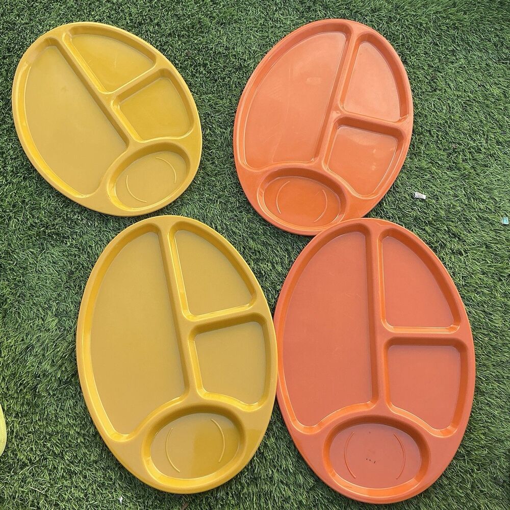 Vintage BW Divided Cafeteria Trays Set of 4 Mustard Orange Retro Plastic